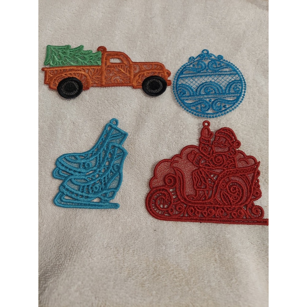 Christmas Lace Embroidery Patches Ornaments Santa Sleigh Truck Tree Skate Blue